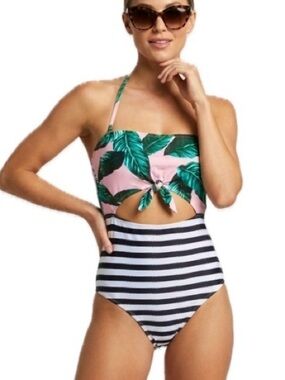 NWT Cupshe Monokini One Piece Swimsuit Size M High Waist Tropical Striped Print